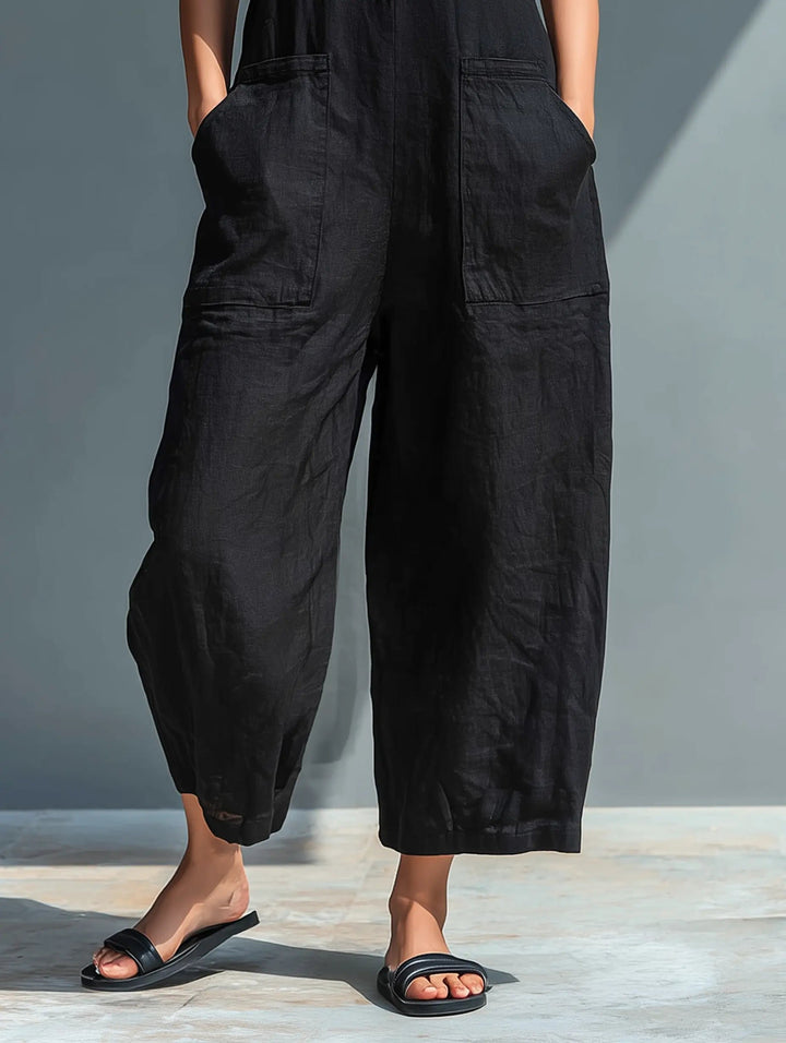 Dames Mouwloze Linen Jumpsuit met Staande Kraag