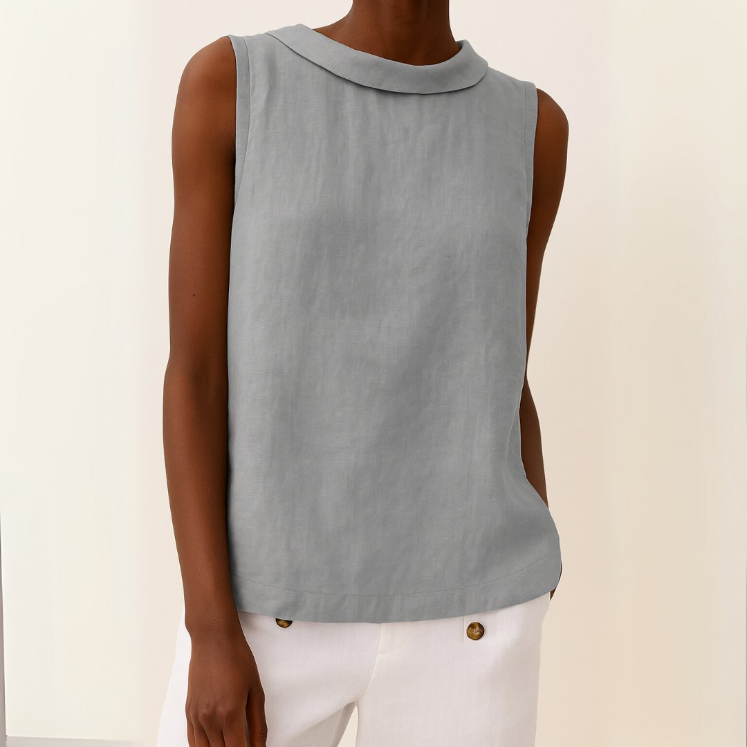 Dames Mouwloze Linnen Blouse Roll Neck - Grey