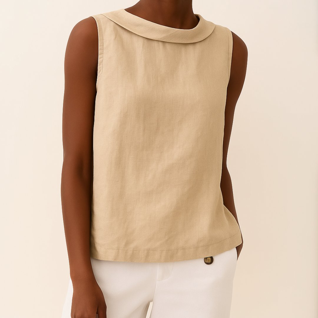 Dames Mouwloze Linnen Blouse Roll Neck - Beige