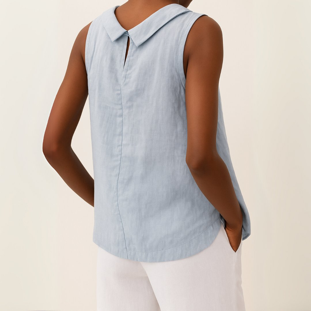 Dames Mouwloze Linnen Blouse Roll Neck