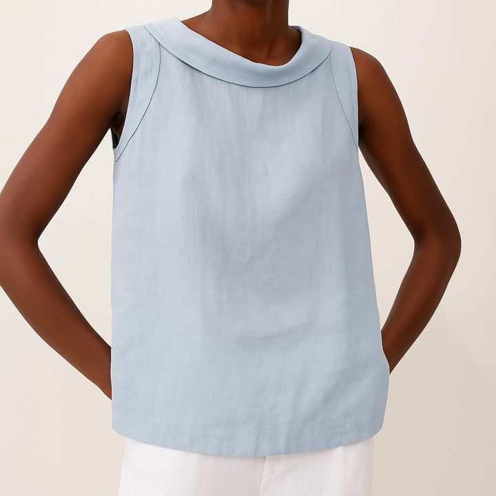Dames Mouwloze Linnen Blouse Roll Neck - Blue