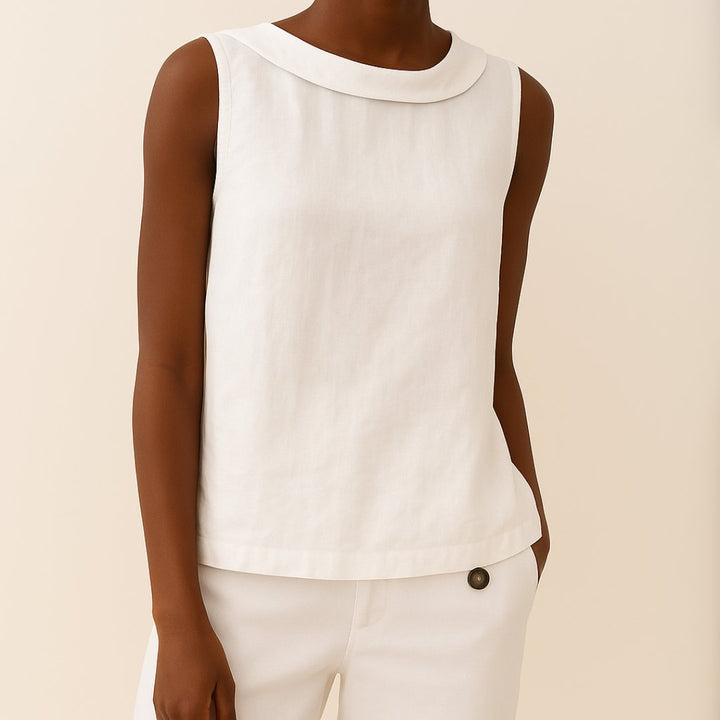 Dames Mouwloze Linnen Blouse Roll Neck - White