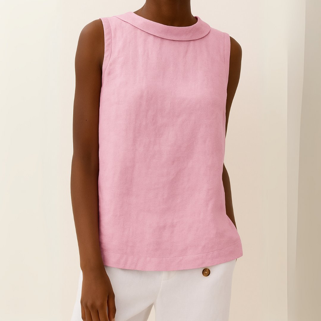 Dames Mouwloze Linnen Blouse Roll Neck - Pink