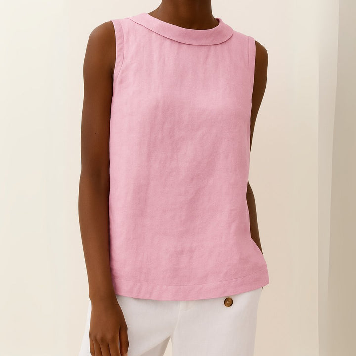 Dames Mouwloze Linnen Blouse Roll Neck - Pink