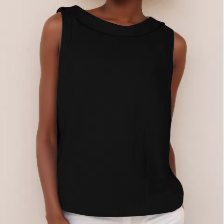 Dames Mouwloze Linnen Blouse Roll Neck - black