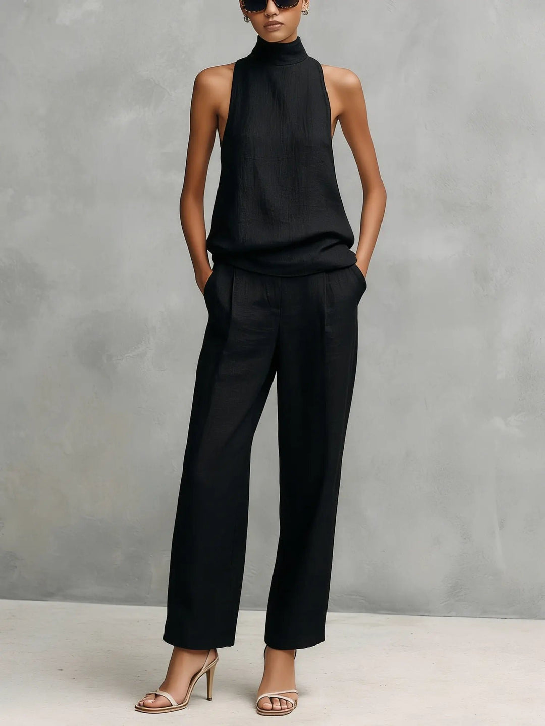 Dames Mouwloze Linnen-Katoen Top en Broek Set - Black