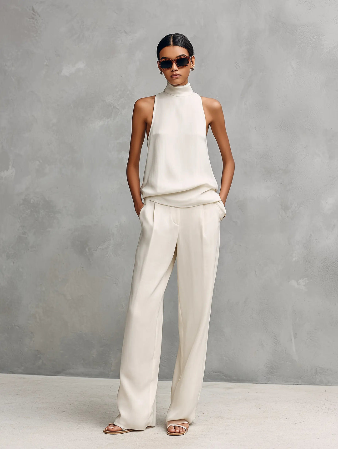 Dames Mouwloze Linnen-Katoen Top en Broek Set - White