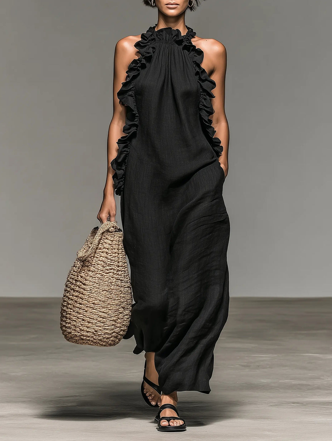 Dames Mouwloze Linnen Maxi Jurk met Ruches - Black