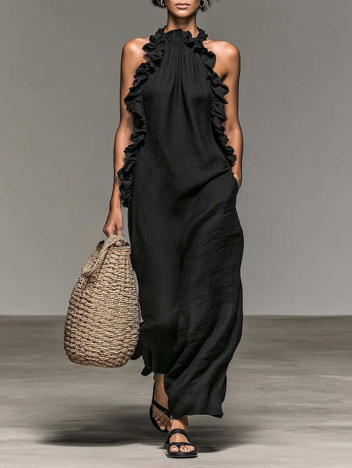 Dames Mouwloze Linnen Maxi Jurk met Ruches - Black