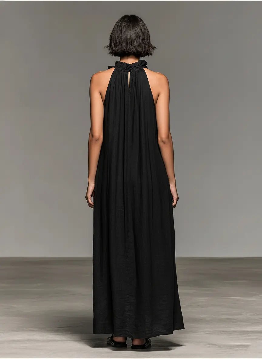 Dames Mouwloze Linnen Maxi Jurk met Ruches