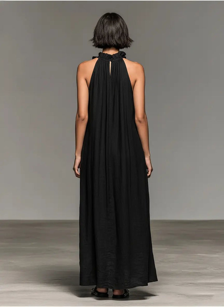 Dames Mouwloze Linnen Maxi Jurk met Ruches