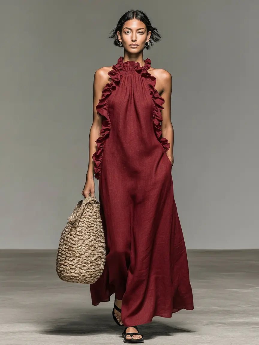Dames Mouwloze Linnen Maxi Jurk met Ruches - Red