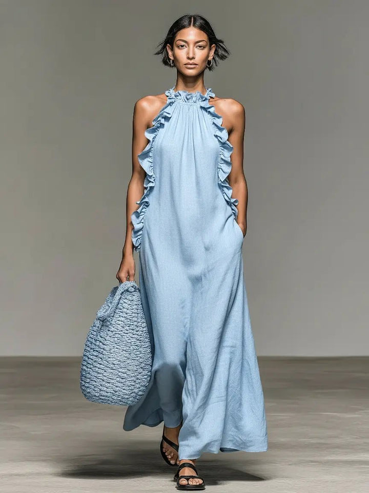 Dames Mouwloze Linnen Maxi Jurk met Ruches - Light Blue