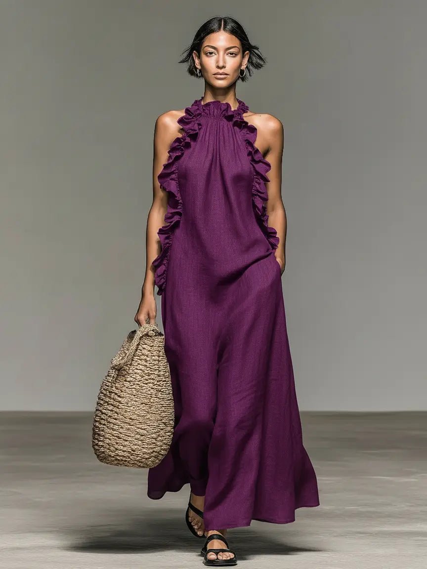 Dames Mouwloze Linnen Maxi Jurk met Ruches - Purple