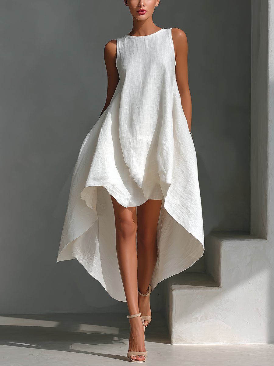 Dames Mouwloze Linnen Midi-jurk Asymmetrische Zoom - White