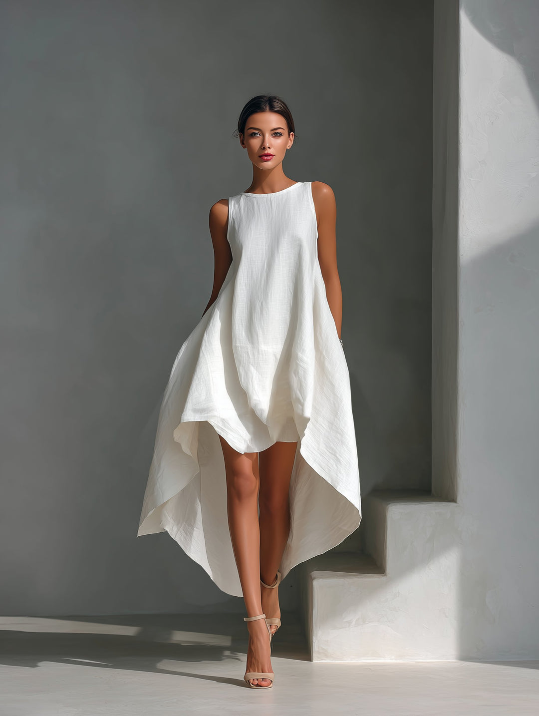 Dames Mouwloze Linnen Midi-jurk Asymmetrische Zoom