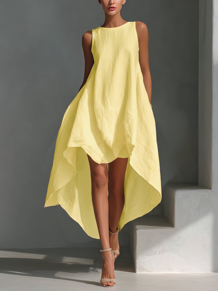 Dames Mouwloze Linnen Midi-jurk Asymmetrische Zoom - Warm yellow