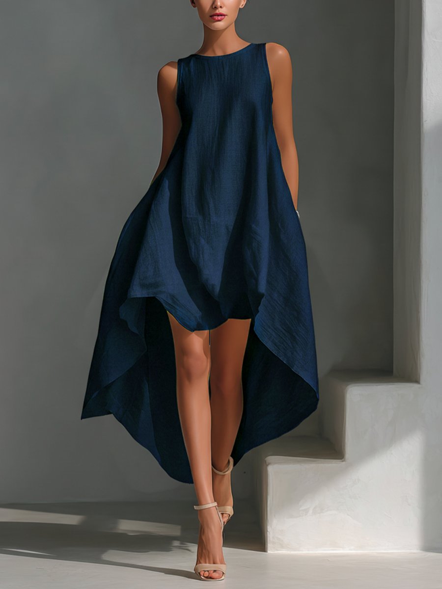 Dames Mouwloze Linnen Midi-jurk Asymmetrische Zoom - Navy blue