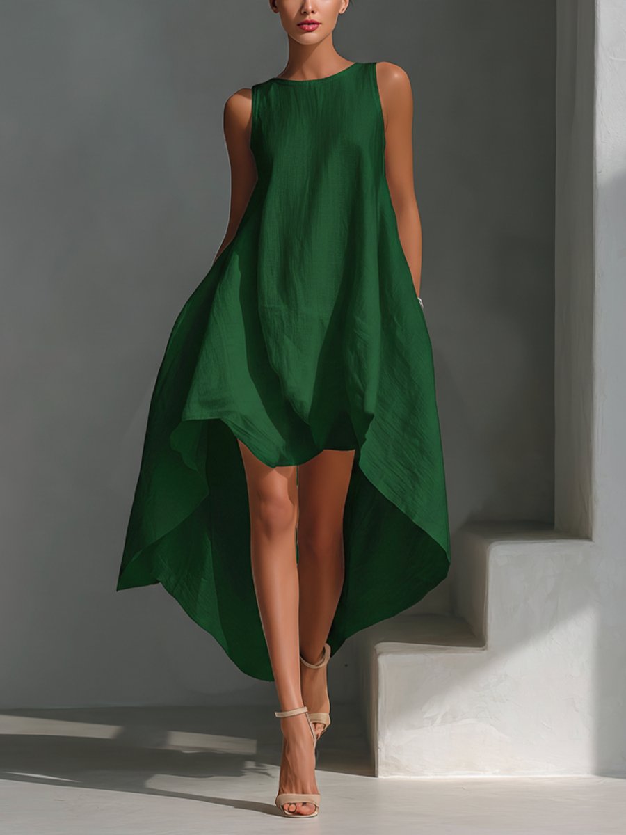 Dames Mouwloze Linnen Midi-jurk Asymmetrische Zoom - Green