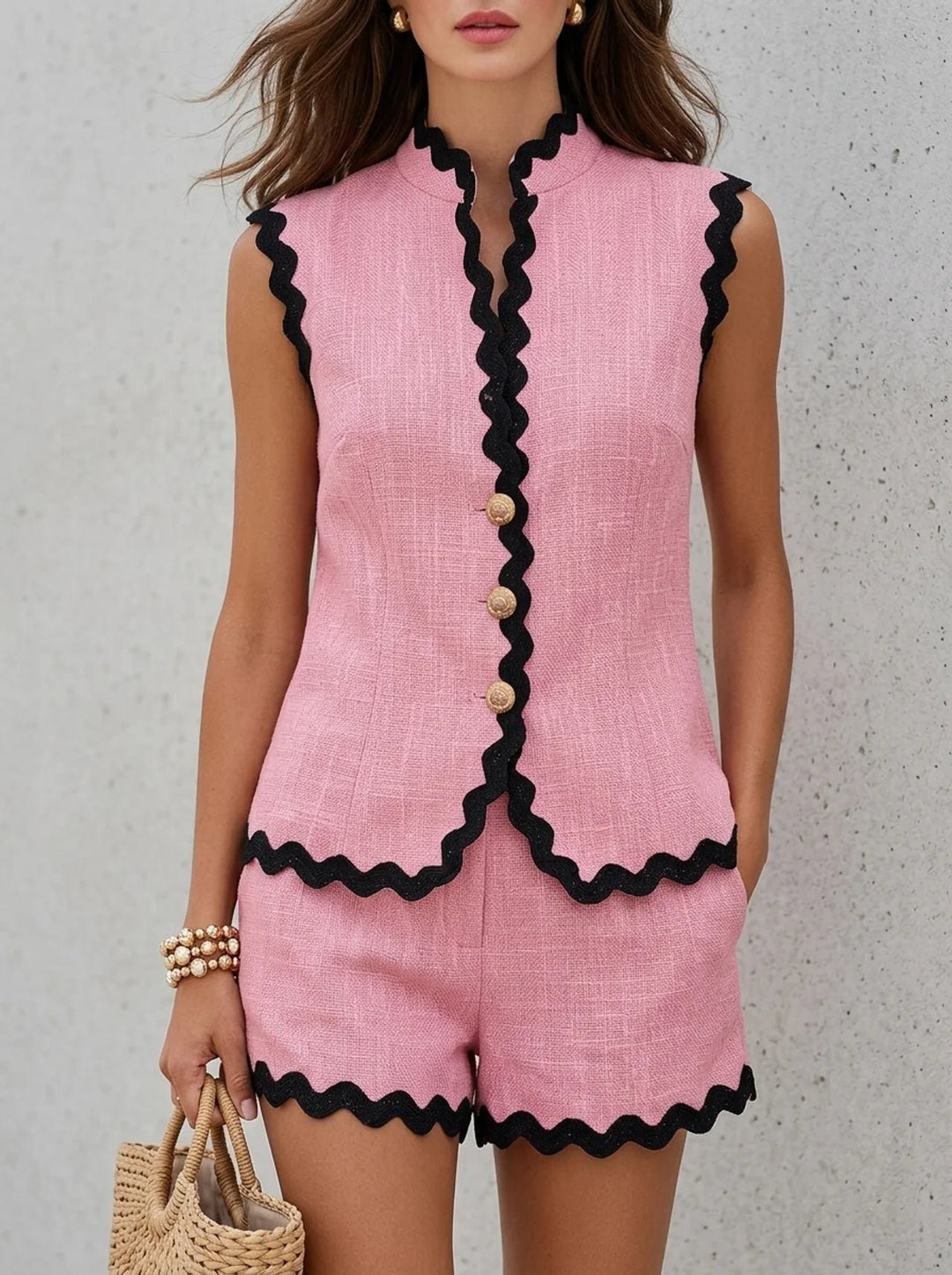 Dames Mouwloze Linnen Tweestukke Set Top en Short - Pink