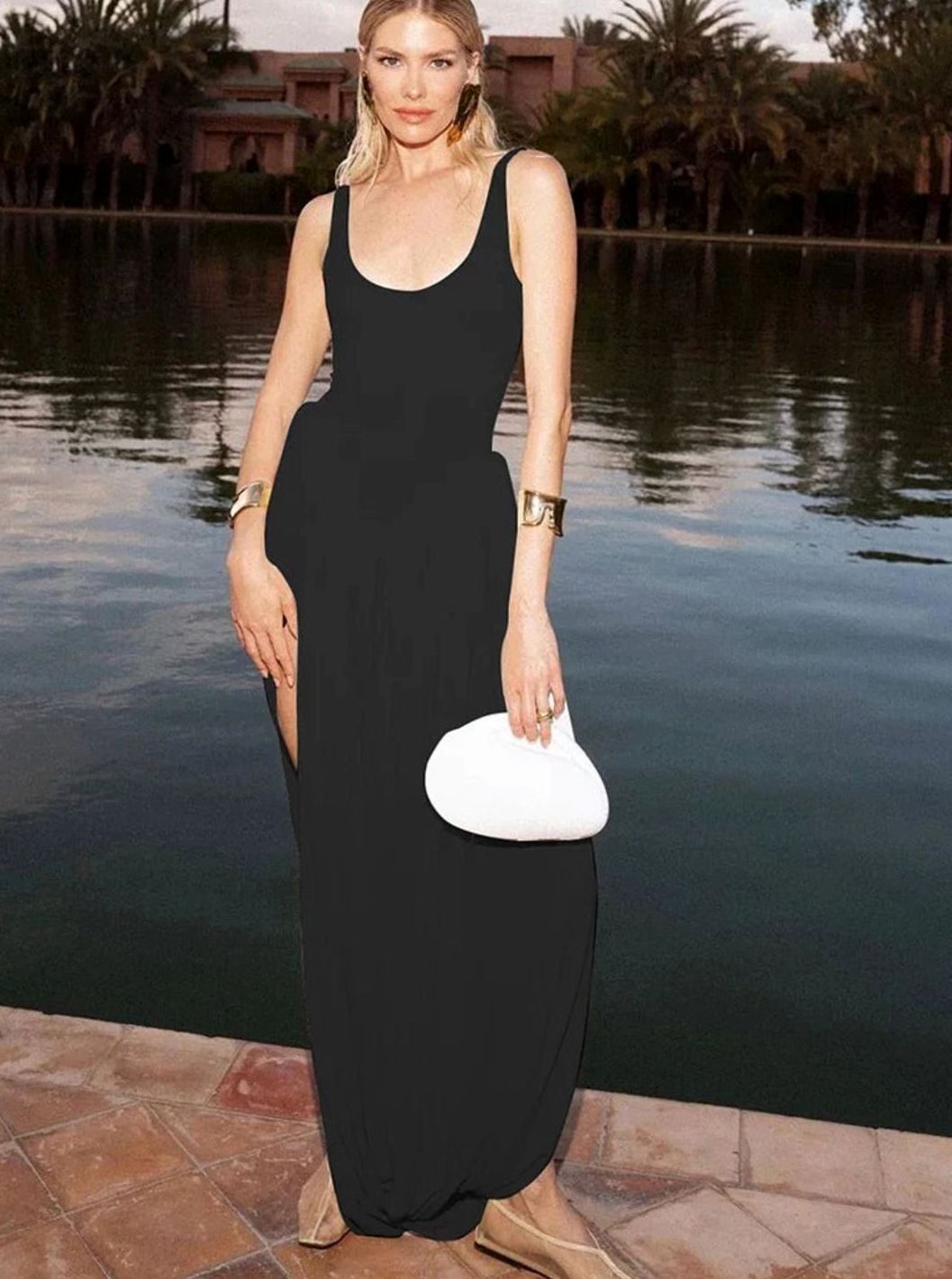 Dames Mouwloze Maxi Avondjurk Asymmetrische Hoge Split Gala - Zwart