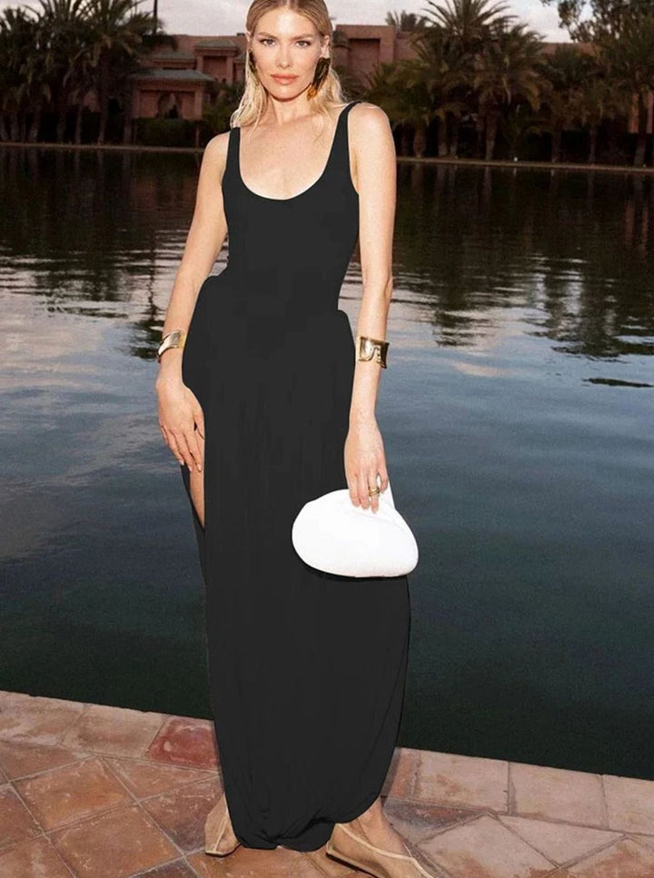 Dames Mouwloze Maxi Avondjurk Asymmetrische Hoge Split Gala - Zwart