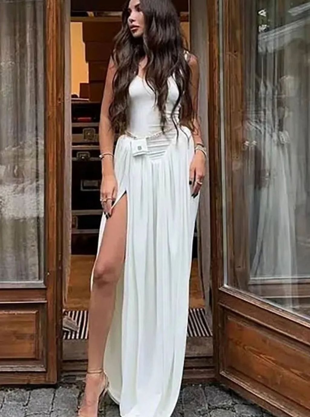 Dames Mouwloze Maxi Avondjurk Asymmetrische Hoge Split Gala - Wit