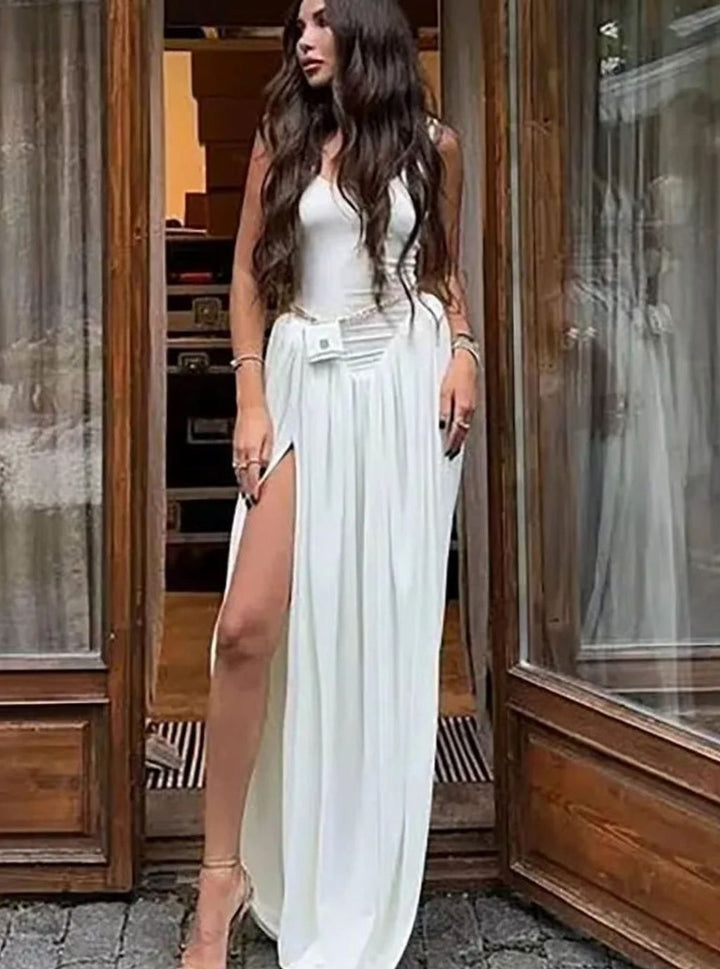 Dames Mouwloze Maxi Avondjurk Asymmetrische Hoge Split Gala - Wit