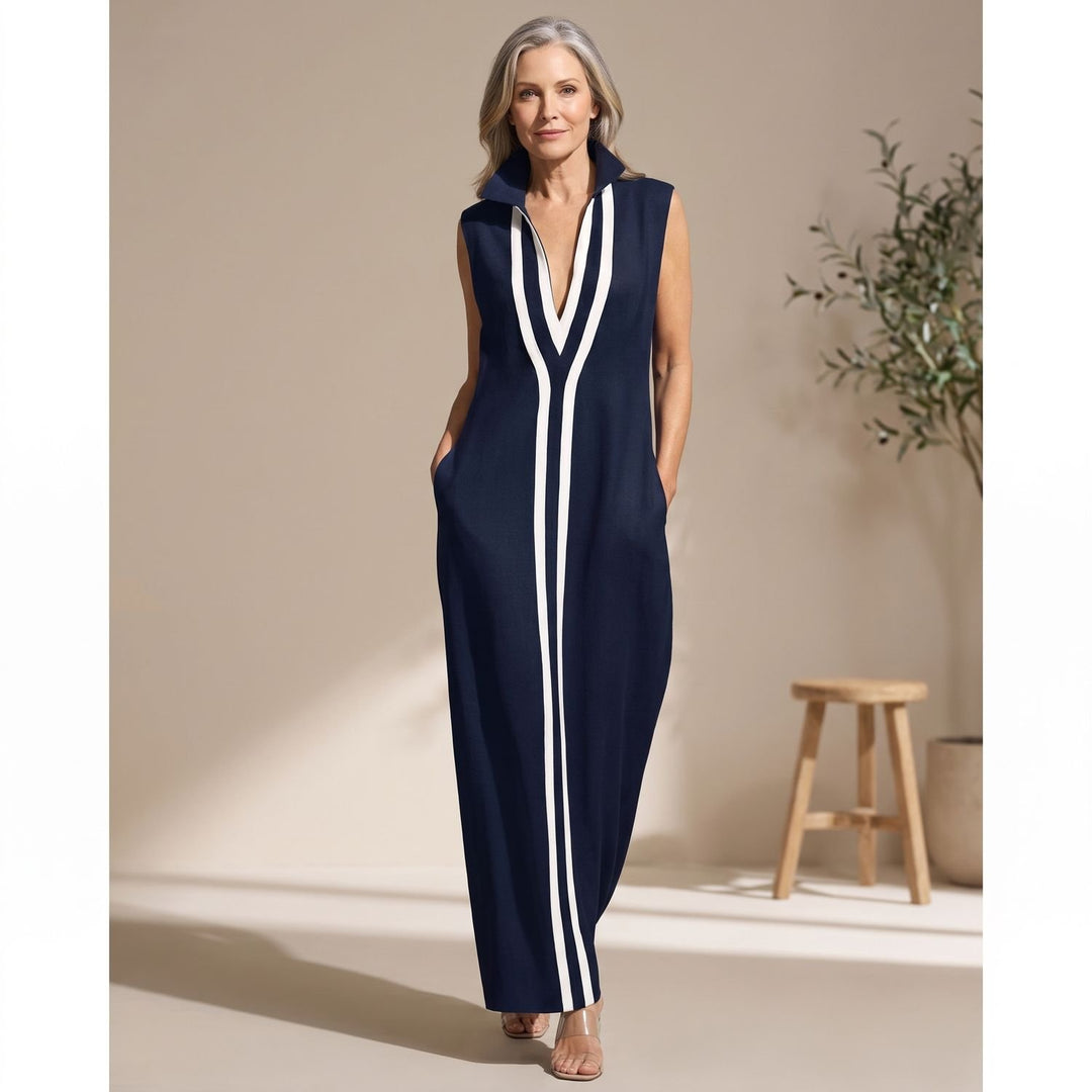 Dames Mouwloze Maxi Feestjurk met V-hals en Contraststrepen - Marineblauw