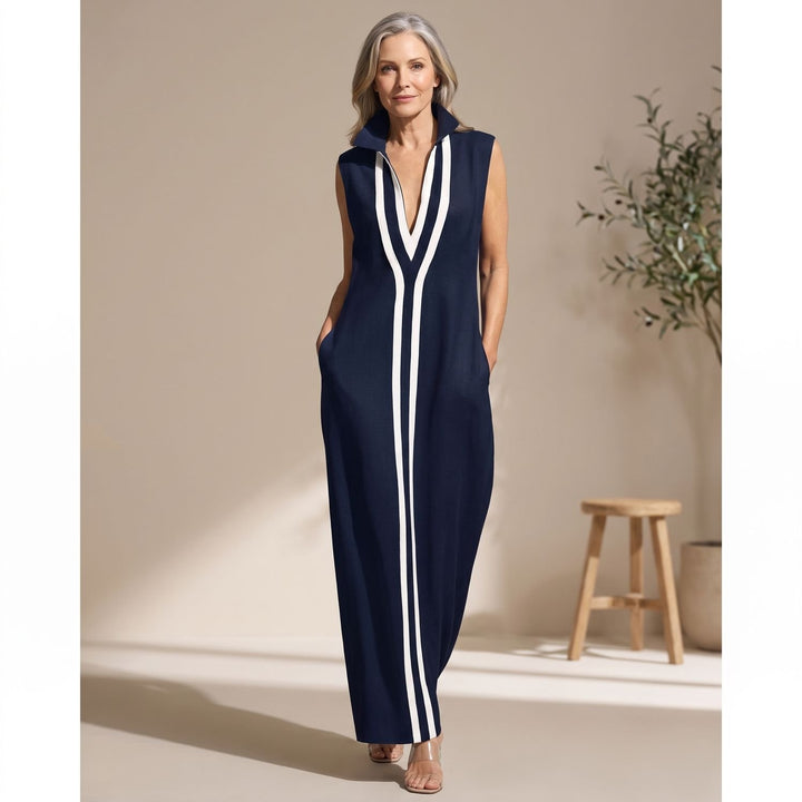 Dames Mouwloze Maxi Feestjurk met V-hals en Contraststrepen - Marineblauw