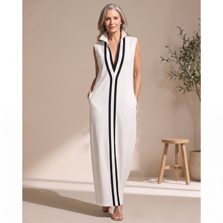 Dames Mouwloze Maxi Feestjurk met V-hals en Contraststrepen - Wit