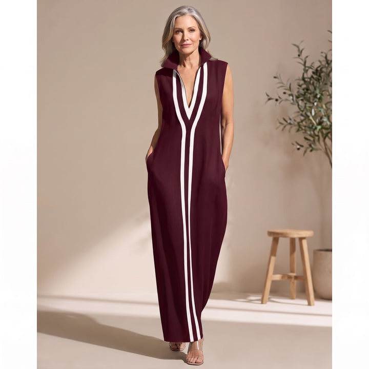 Dames Mouwloze Maxi Feestjurk met V-hals en Contraststrepen - Bordeaux