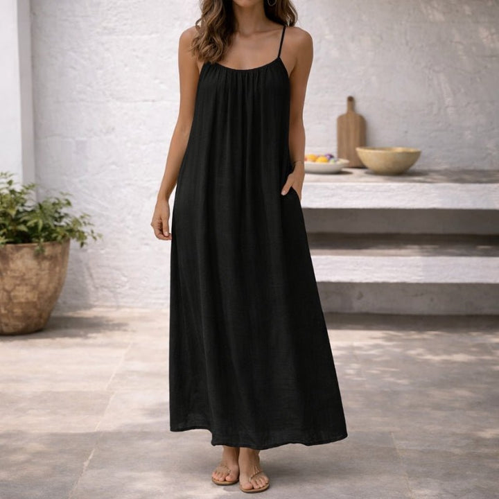 Dames Mouwloze Maxi Jurk Wijdvallende Linnen Zomerjurk Spaghettibandjes
