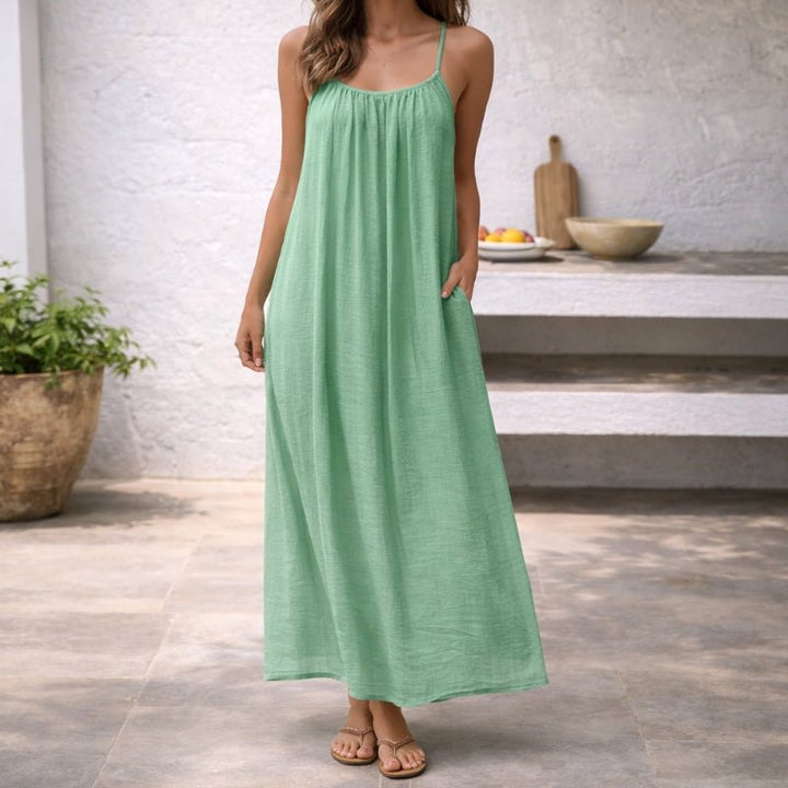 Dames Mouwloze Maxi Jurk Wijdvallende Linnen Zomerjurk Spaghettibandjes