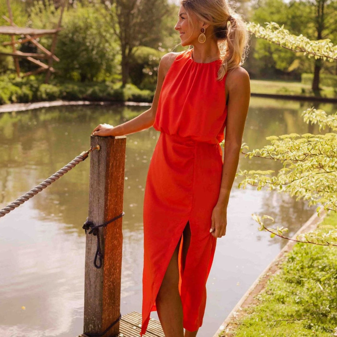 Dames Mouwloze Midi Feestjurk Hoge Halslijn Split - Rood