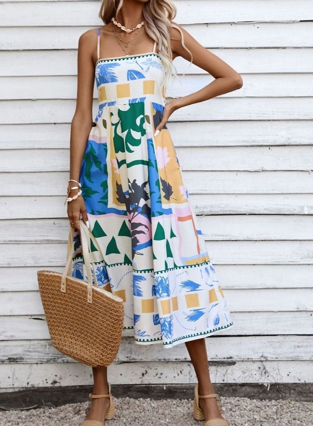 Dames Mouwloze Midi Zomerjurk Spaghettibandjes Artistieke Print