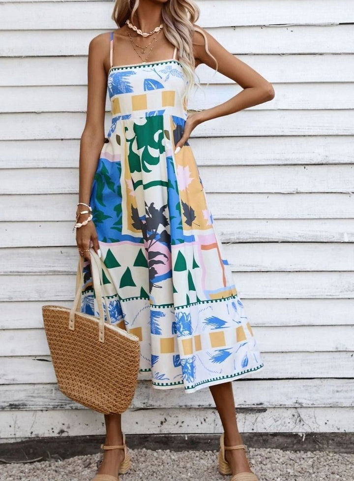 Dames Mouwloze Midi Zomerjurk Spaghettibandjes Artistieke Print