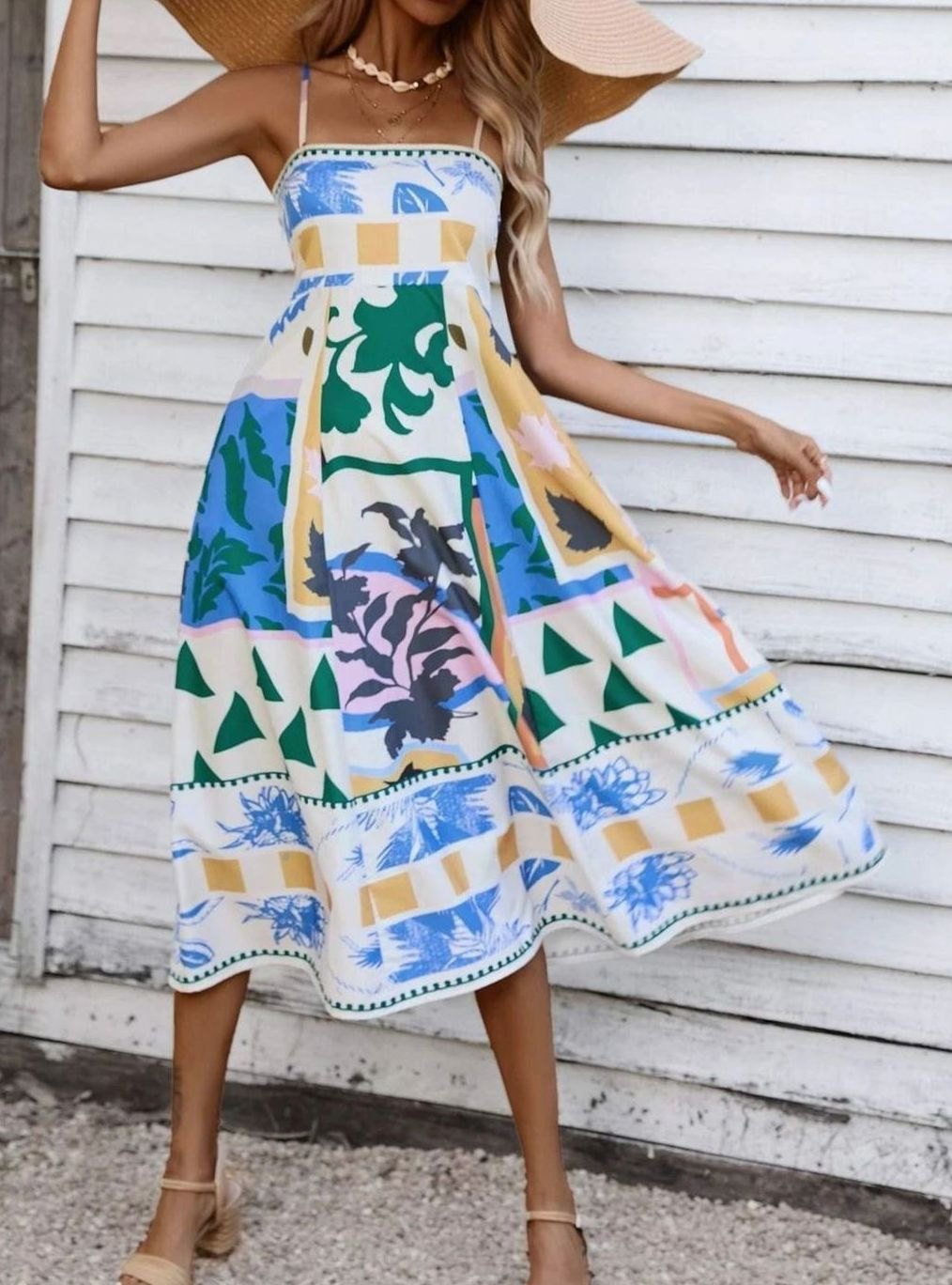 Dames Mouwloze Midi Zomerjurk Spaghettibandjes Artistieke Print