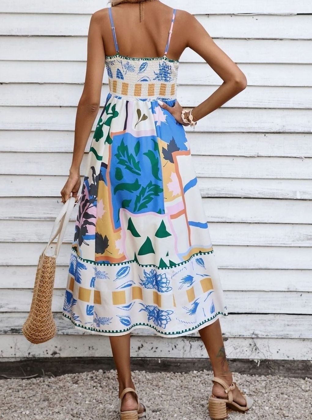 Dames Mouwloze Midi Zomerjurk Spaghettibandjes Artistieke Print