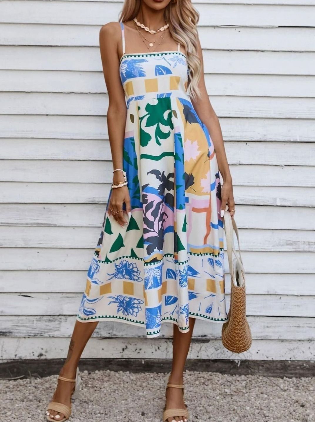 Dames Mouwloze Midi Zomerjurk Spaghettibandjes Artistieke Print