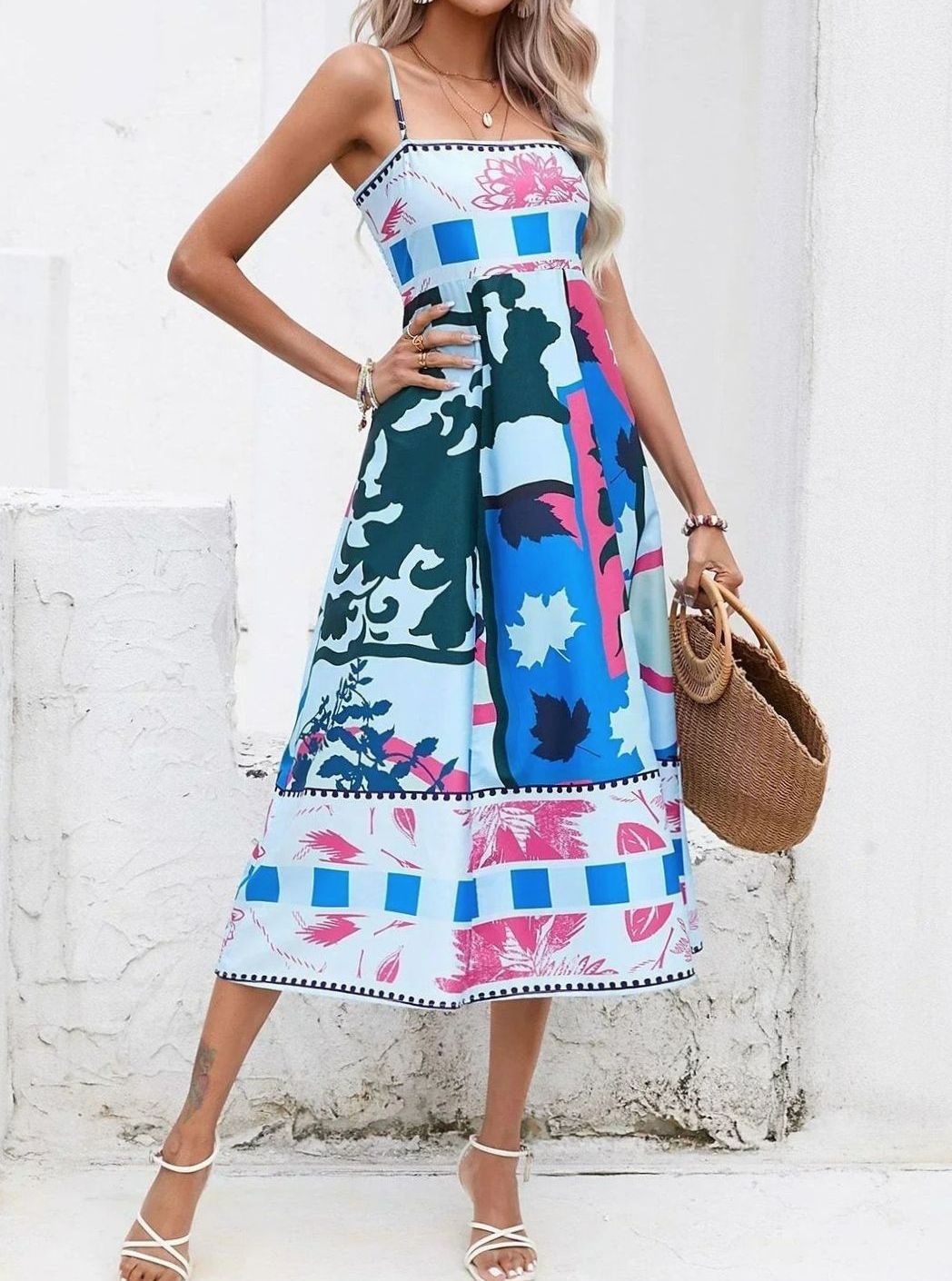 Dames Mouwloze Midi Zomerjurk Spaghettibandjes Artistieke Print