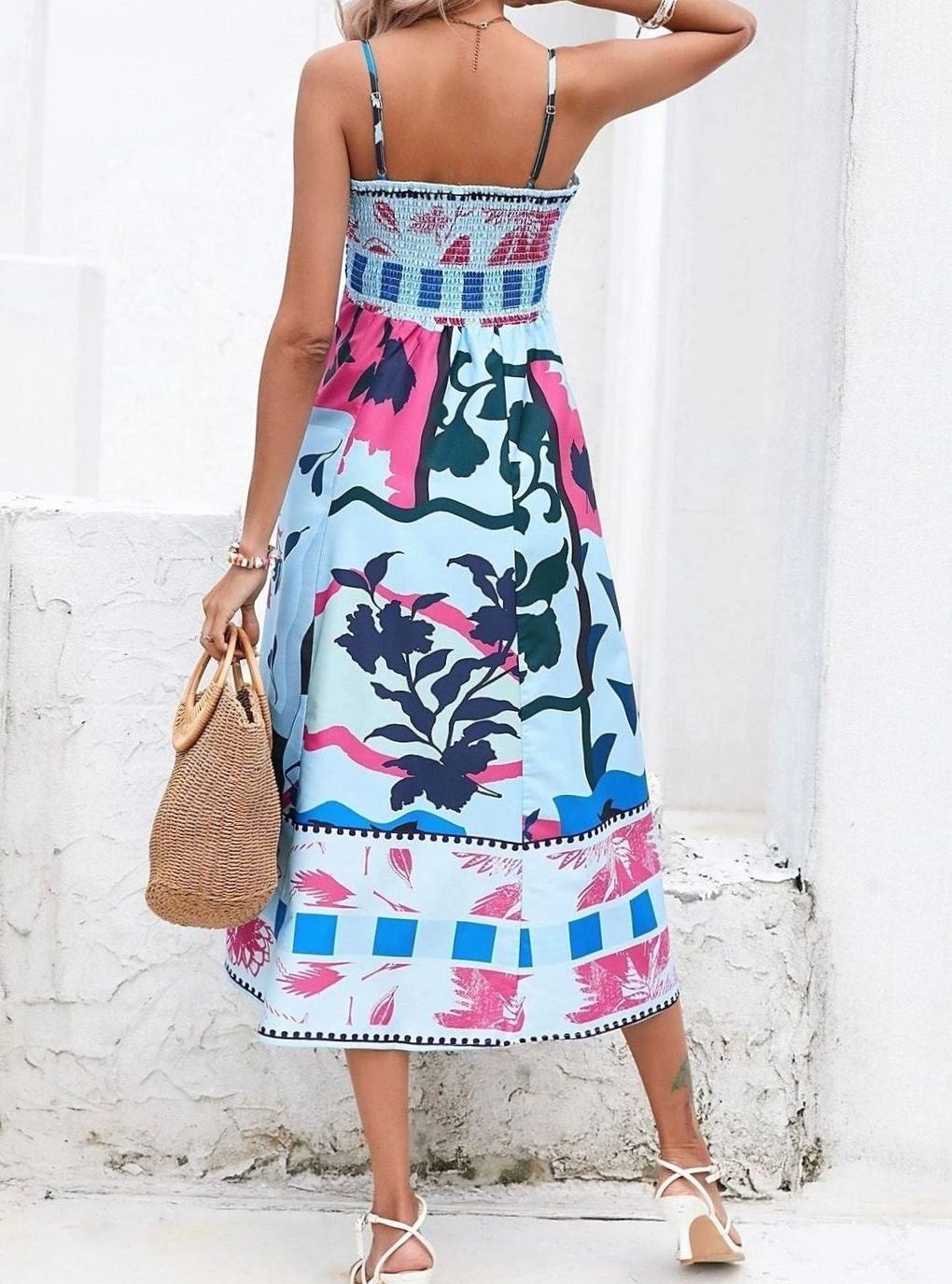 Dames Mouwloze Midi Zomerjurk Spaghettibandjes Artistieke Print