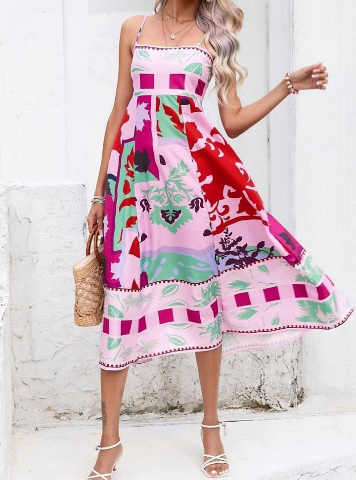 Dames Mouwloze Midi Zomerjurk Spaghettibandjes Artistieke Print - Roze