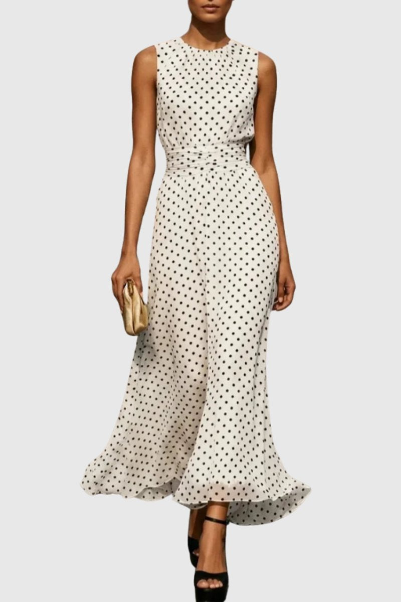 Dames Mouwloze Polkadot Maxi Evening Gown Ruffle Zoom - White