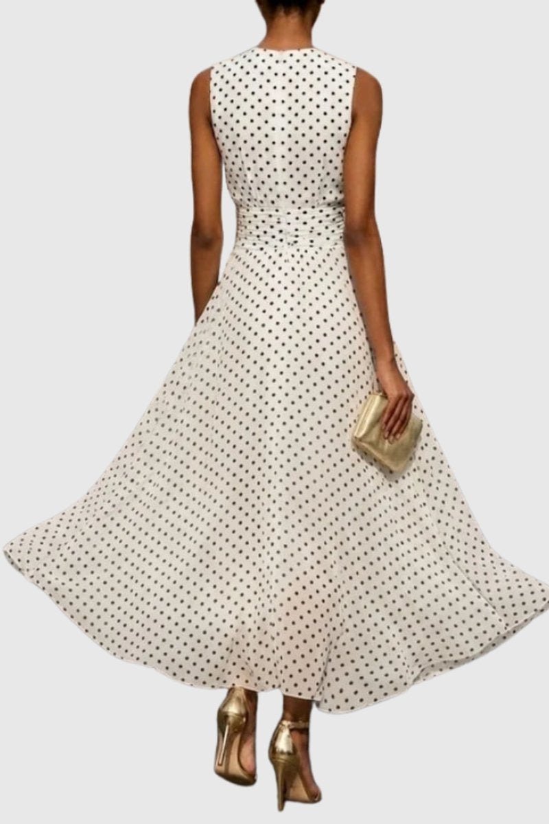 Dames Mouwloze Polkadot Maxi Evening Gown Ruffle Zoom