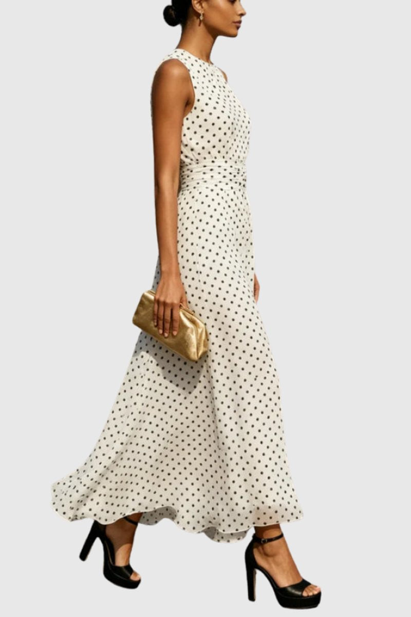 Dames Mouwloze Polkadot Maxi Evening Gown Ruffle Zoom