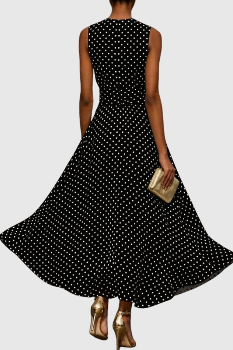 Dames Mouwloze Polkadot Maxi Evening Gown Ruffle Zoom