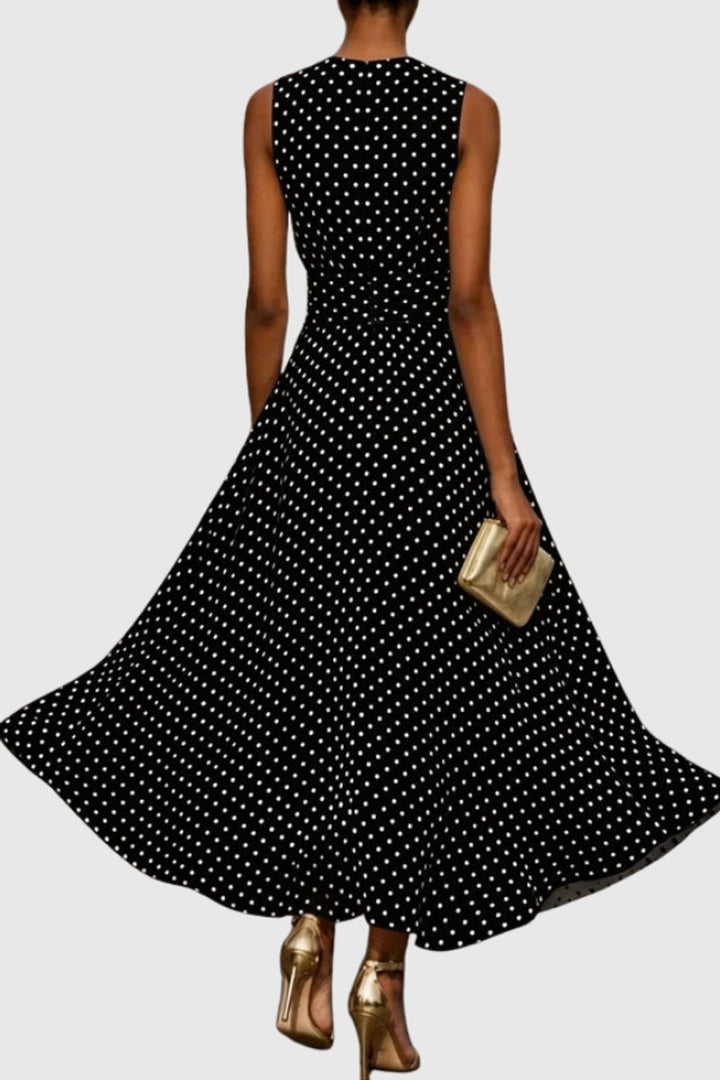 Dames Mouwloze Polkadot Maxi Evening Gown Ruffle Zoom