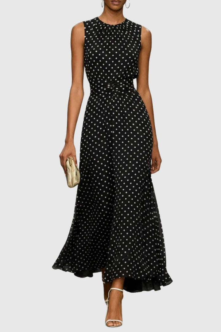 Dames Mouwloze Polkadot Maxi Evening Gown Ruffle Zoom - Black