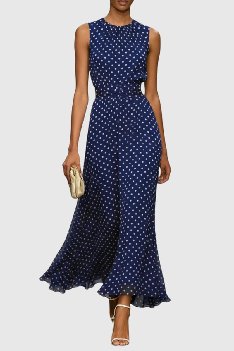 Dames Mouwloze Polkadot Maxi Evening Gown Ruffle Zoom - Blue